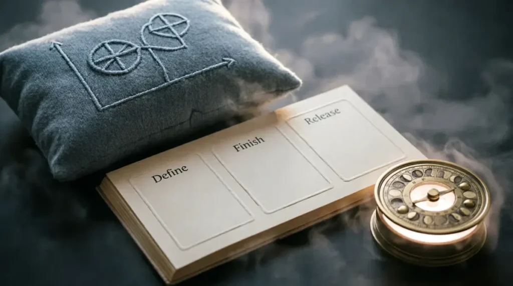 Embroidered control pillow, three-section dream journal structure, glowing moon phase dial(AI-generated illustration)
