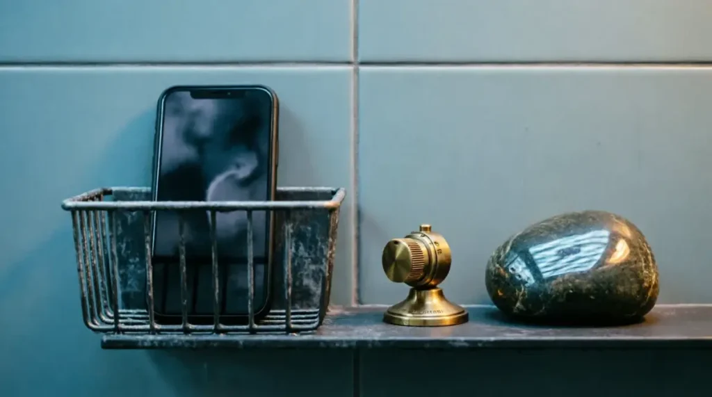 Corner-mounted shower caddy with water droplets and phone, thick steam rising around smooth resonance stone below