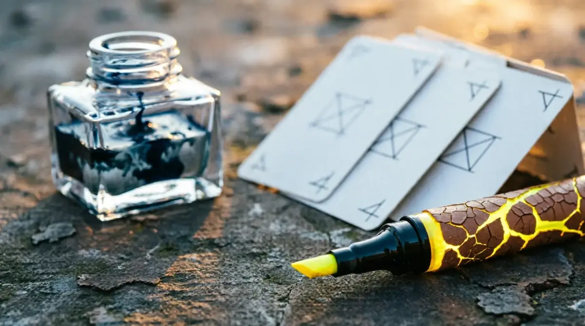 Cracked highlighter pen with golden glow inside, blank cards aligning in rows with geometric patterns and vintage inkwell showing skeleton mining (AI-generated illustration)