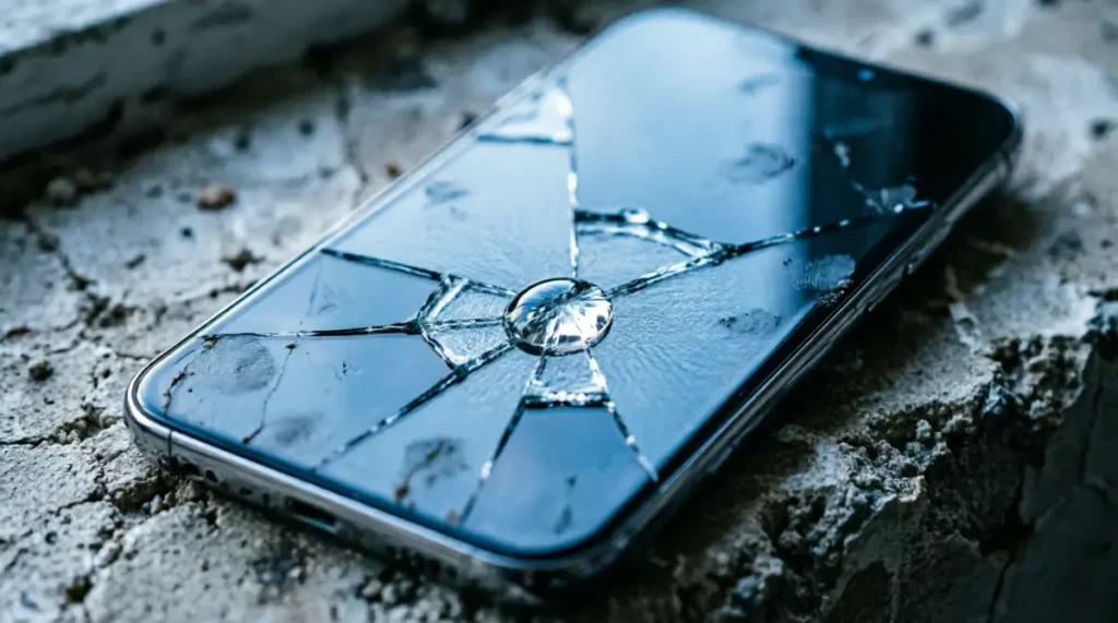 Cracked smartphone on concrete ledge, steel-blue directional light highlighting glass fracture and water drop (AI-generated illustration)