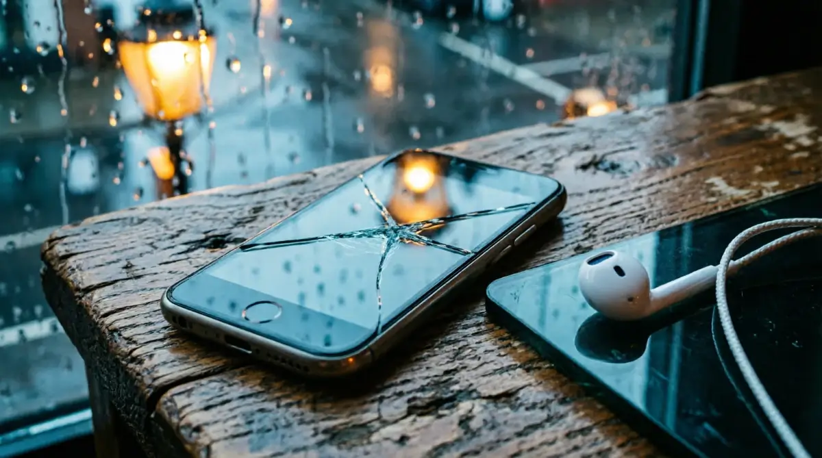 Cracked smartphone with single earbud on oak table, reflecting amber streetlights and cool shadows (AI-generated illustration)