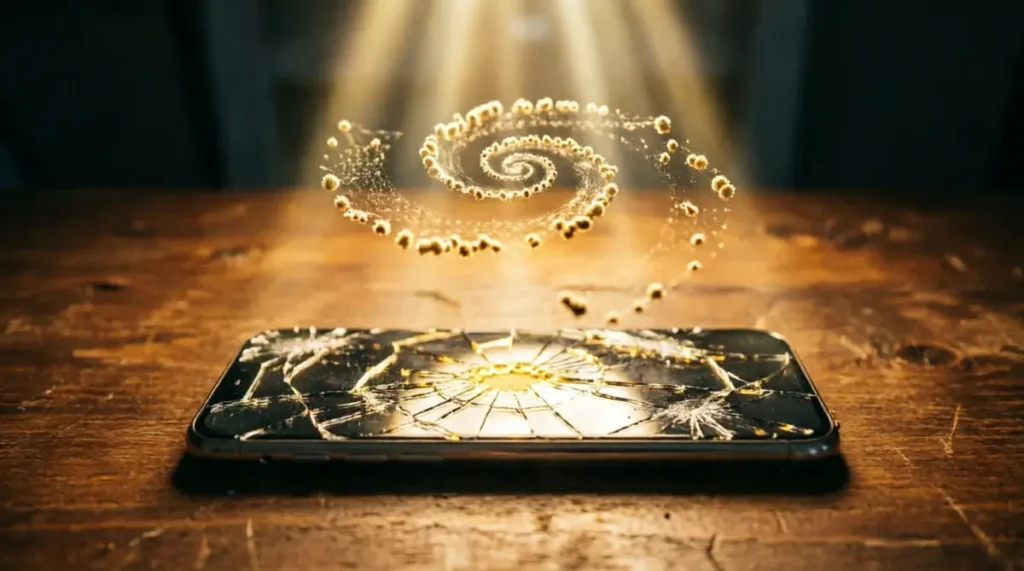 Cracked phone with internal golden glow illuminating organized dust spiral above on wooden table (AI-generated illustration)