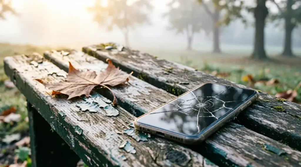 Cracked smartphone on weathered park bench with dry leaf, soft morning mist and diffusion (AI-generated illustration)