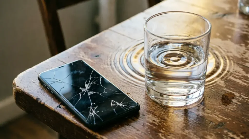 Cracked phone beside glass of water with perfect concentric ripples on wooden table (AI-generated illustration)