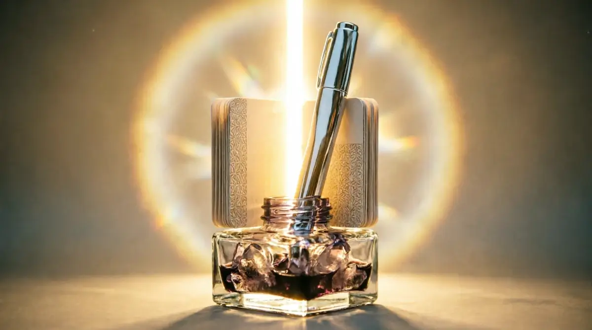 Crystalline inkwell with unified structure, blank cards forming pattern wall, silver highlighter showing readable mastery through practice (AI-generated illustration)