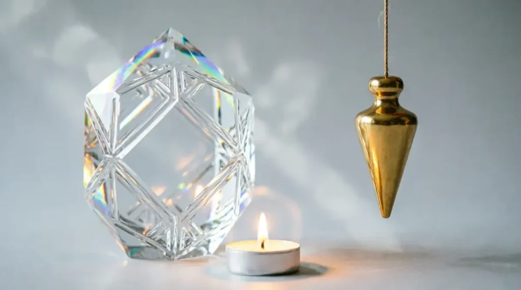 Clear crystalline geometric stone formation brass plumb bob hanging small candle flame below - gratitude is practice not feeling (AI-generated illustration)
