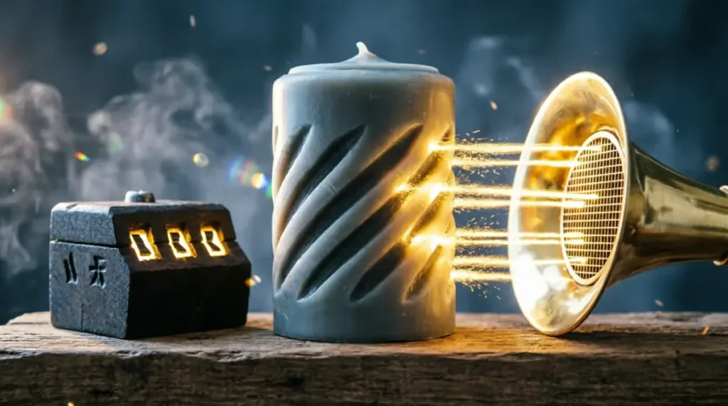 Wax cylinder with diagonal golden grooves, wooden block with glowing marks, brass funnel with multiple golden beams (AI-generated illustration)