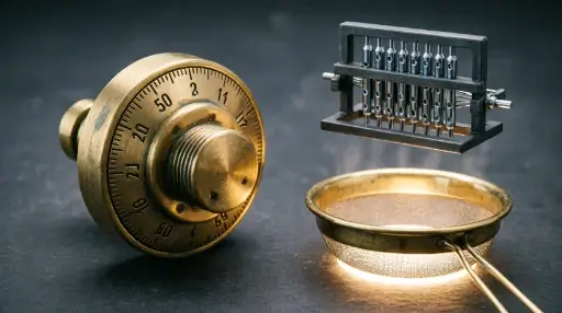 Brass dial with numbers, metal grid frame, glowing sifting pan one question drill (AI-generated illustration)