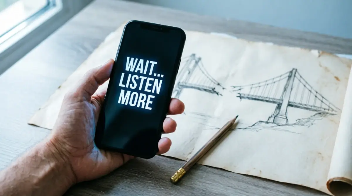 Hand-drawn bridge blueprint on paper, smartphone displaying "WAIT... LISTEN MORE", graphite pencil nearby, shallow depth of field (AI-generated illustration)
