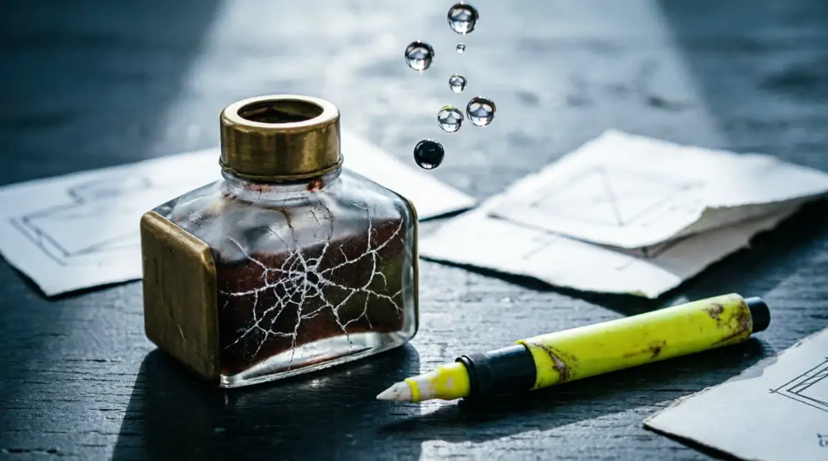 Dried cracked inkwell with blank structural cards scattered chaotically and yellow highlighter on dark wood, ink droplets floating upward against gravity (AI-generated illustration)