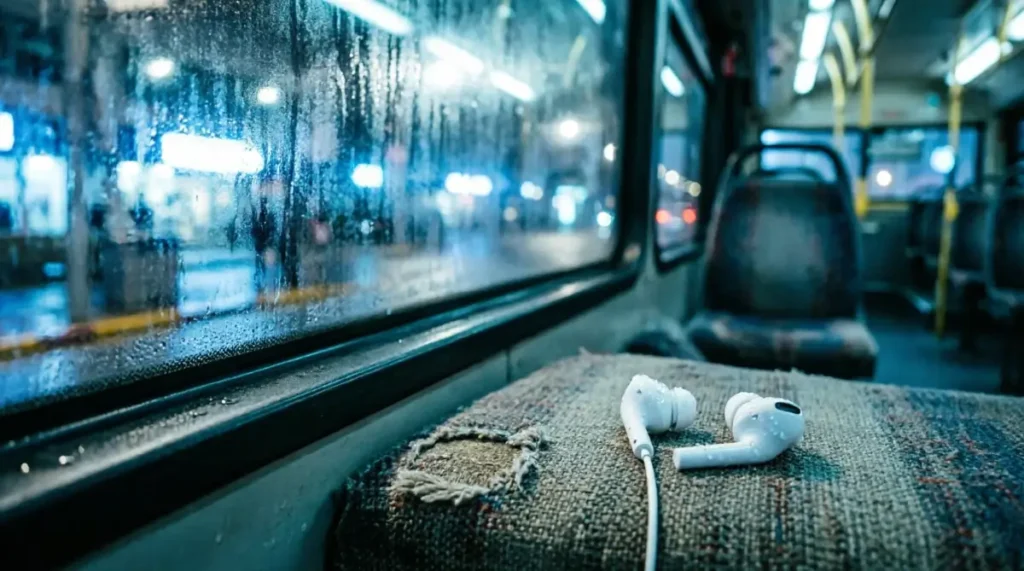 Single earbud on empty bus seat, condensation on window with blue streetlight bokeh (AI-generated illustration)
