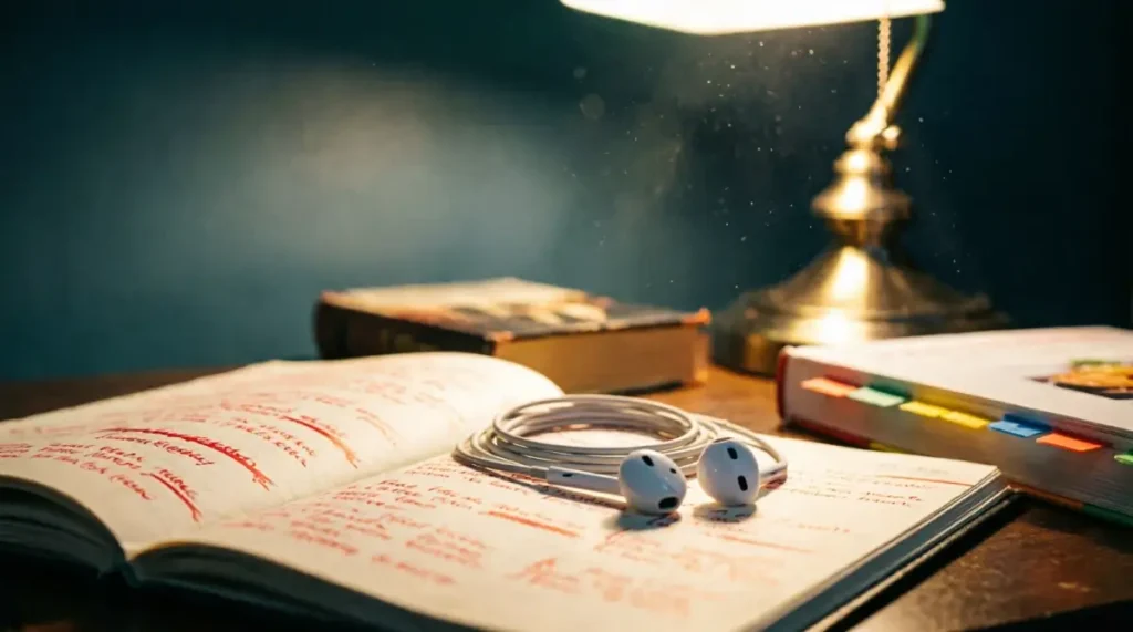 White earbuds with coiled cable on open blank notebook, brass banker's lamp glowing, books(AI-generated illustration)