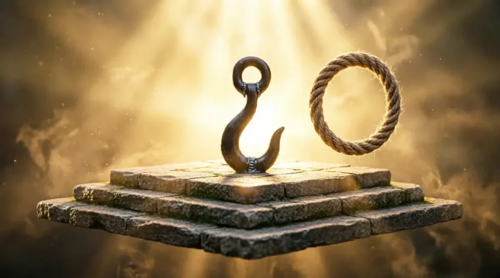 Elevated ledger stone platform, integrated iron hook, fused woven cord loop, golden light radiating at 95% (AI-generated illustration)