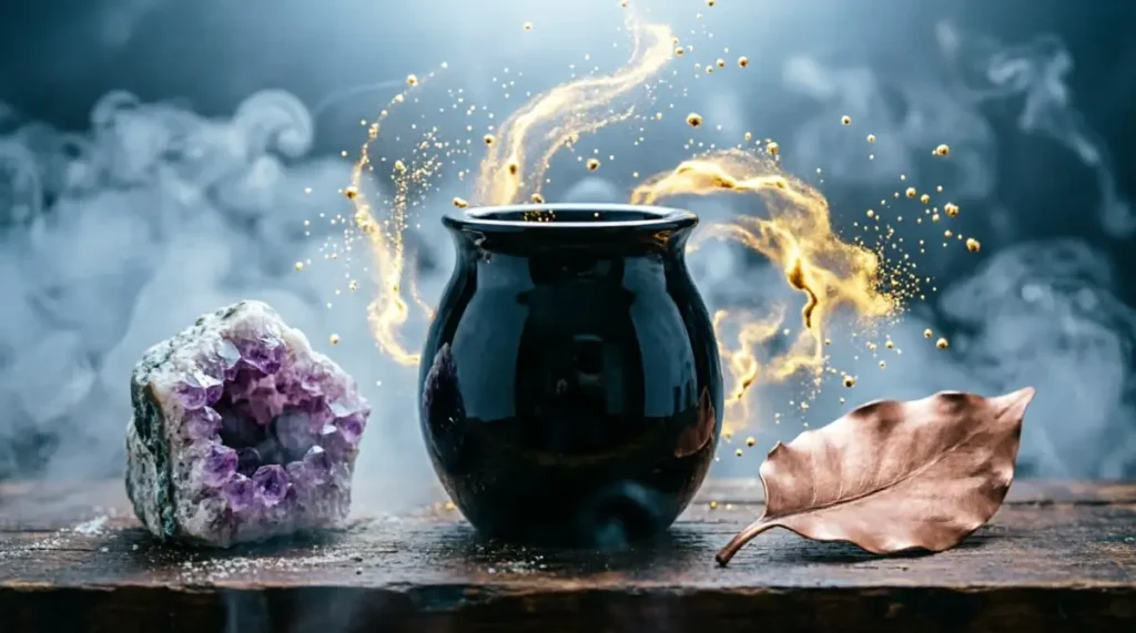 Empty obsidian vessel, rough quartz geode, plain copper leaf with dominant golden particles (AI-generated illustration)