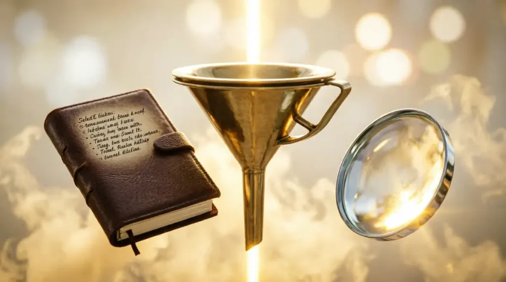 Brass funnel epic triage structure, leather ledger curated entries, glass lens mirror-polished(AI-generated illustration)