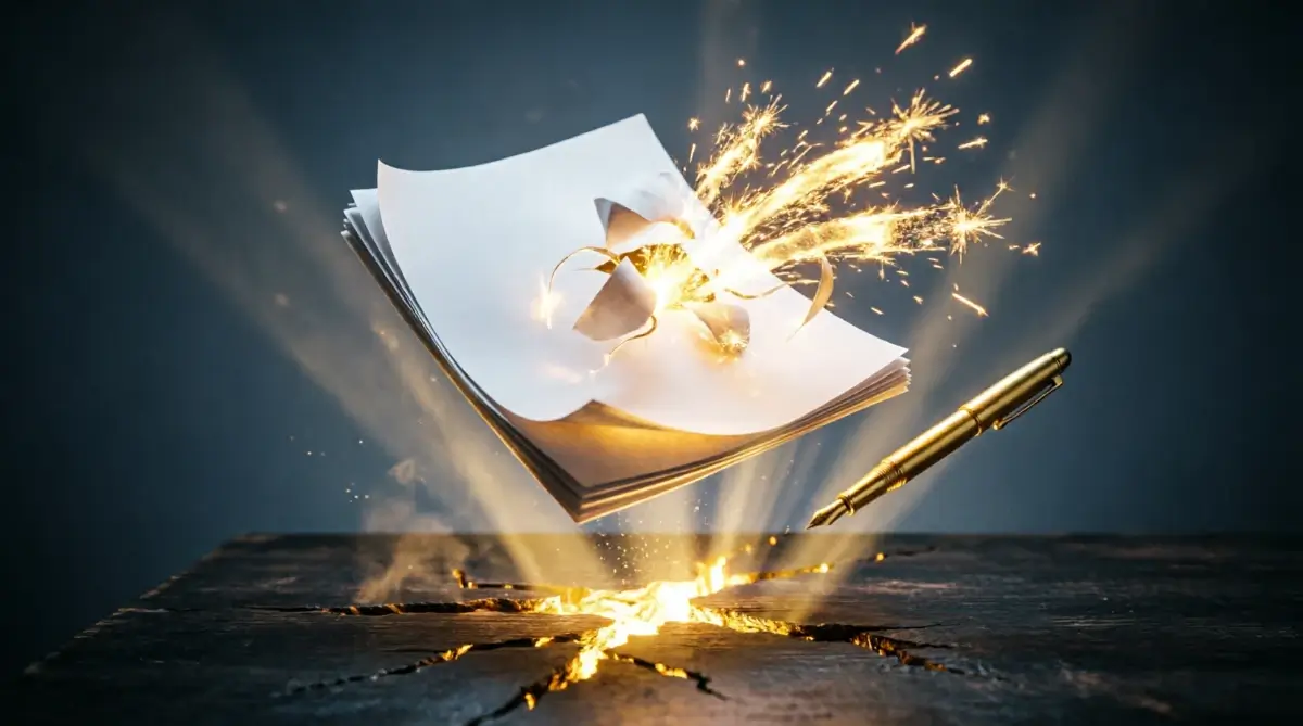 Floating papers with erupting golden sparks, cracking wooden desk with light pouring out, glowing floating pen(AI-generated illustration)