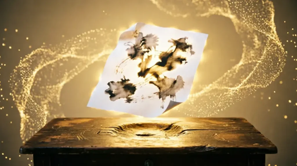 floating paper with self-illuminating ink, desk glow fused with wood, infinite seamless golden particles(AI-generated illustration)