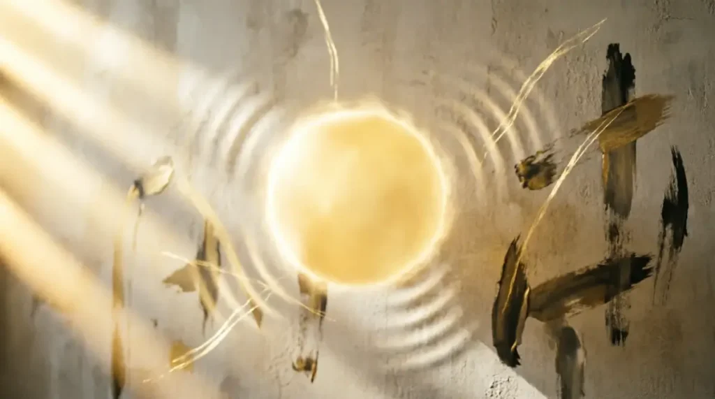 eternal golden radiance, plaster wall with eternal golden pattern, eternal collarbone vibration resonance (AI-generated illustration)