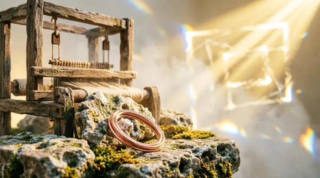 Wooden loom eternal structure, porous stones, mirror-polished copper coil(AI-generated illustration)