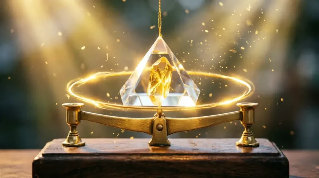 Eternal balance scale with permanent golden filament circuit and crystalline prism (AI-generated illustration)