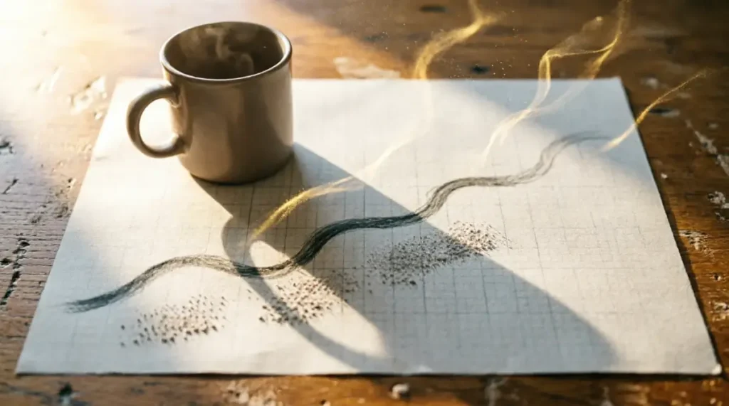 Roadmap, line fading to dashed marks, graphite dust in paper valleys, mug casting soft morning shadow (AI-generated illustration)