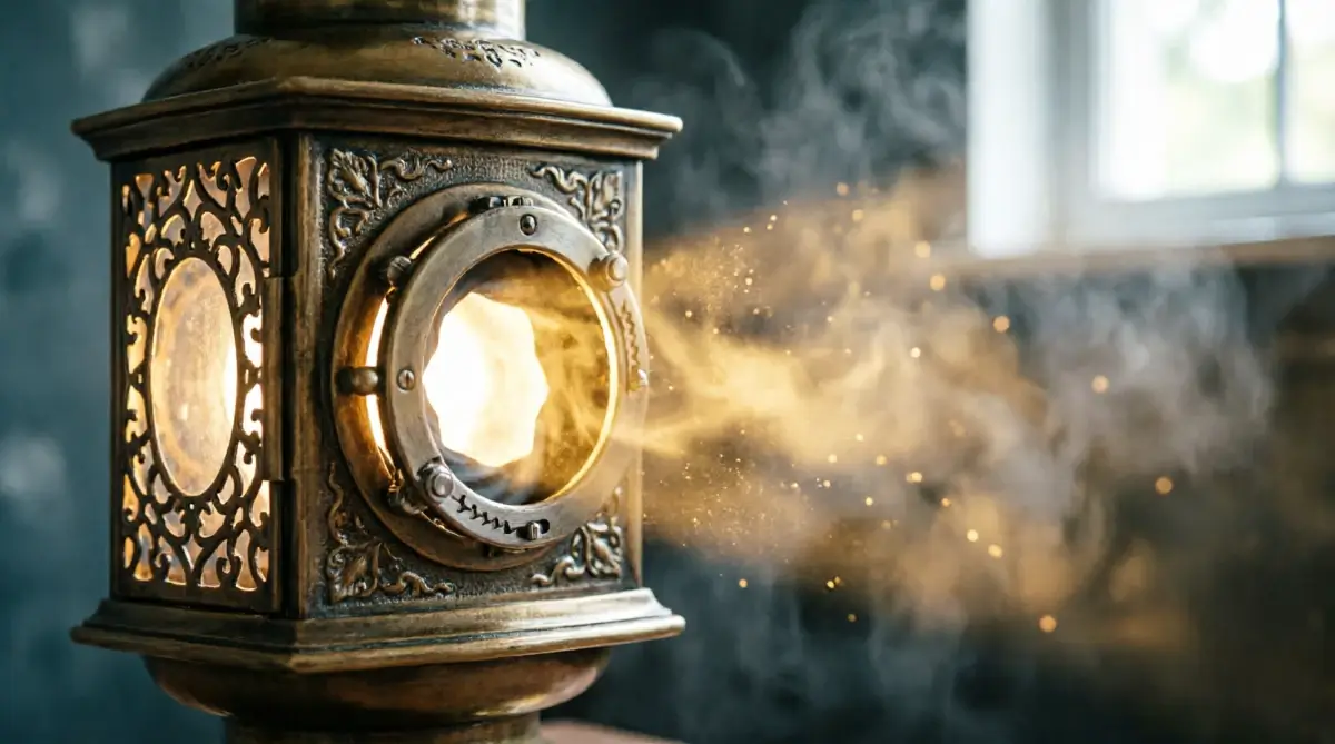 Vintage brass pattern lantern with perforated shades and focus aperture with golden light streaming through showing client-finding transformation (AI-generated illustration)