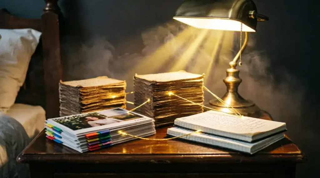The Simplest Way to Review Vocabulary Without Burnout 8 Worn flashcard stacks, organized photos with tabs, filled journals, golden light threads, nightstand (AI-generated illustration)
