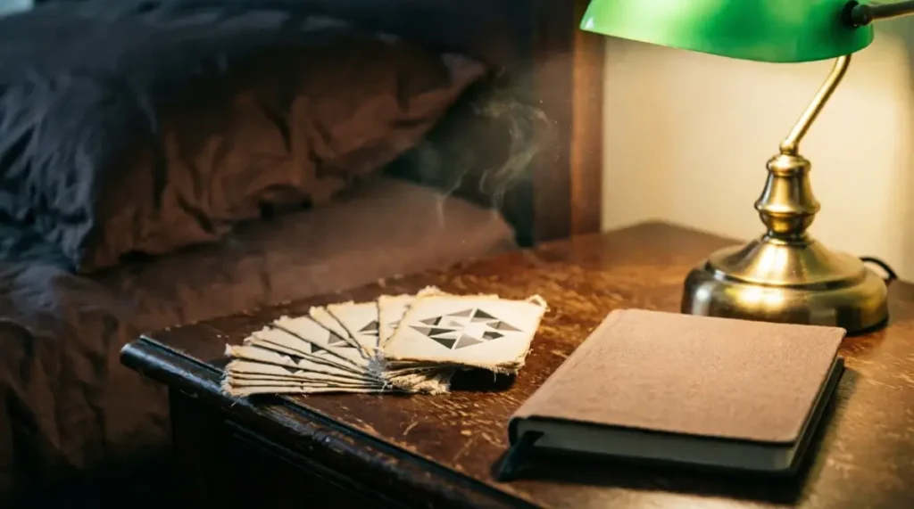 The Simplest Way to Review Vocabulary Without Burnout 4 Fanned flashcards, worn corners, warm lamp, closed journal, atmospheric steam, evening stillness (AI-generated illustration)