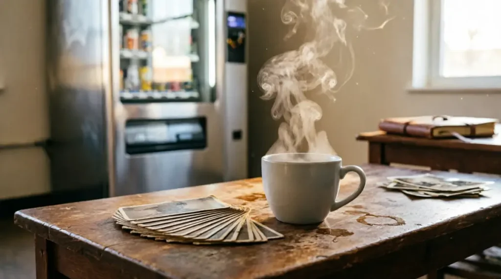The Simplest Way to Review Vocabulary Without Burnout 6 Worn flashcards on break room table, coffee steam, journal, photos background, vending machine (AI-generated illustration)
