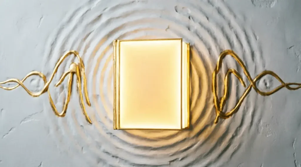 Floating book with balanced glow, plaster wall with fading marks showing golden streaks, releasing collarbone vibration pulses(AI-generated illustration)