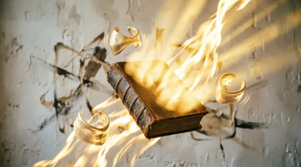 Floating book with golden glow, plaster wall withmarks transforming to golden light, abstract collarbone vibration(AI-generated illustration)
