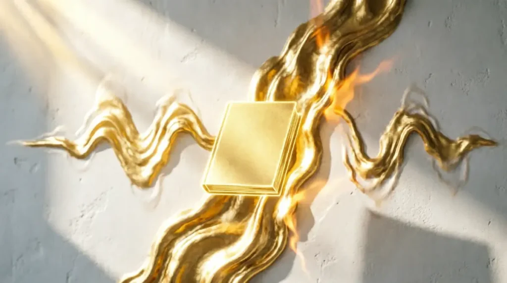 Floating book with radiant glow, plaster wall with glowing golden streaks, flowing collarbone vibration(AI-generated illustration)
