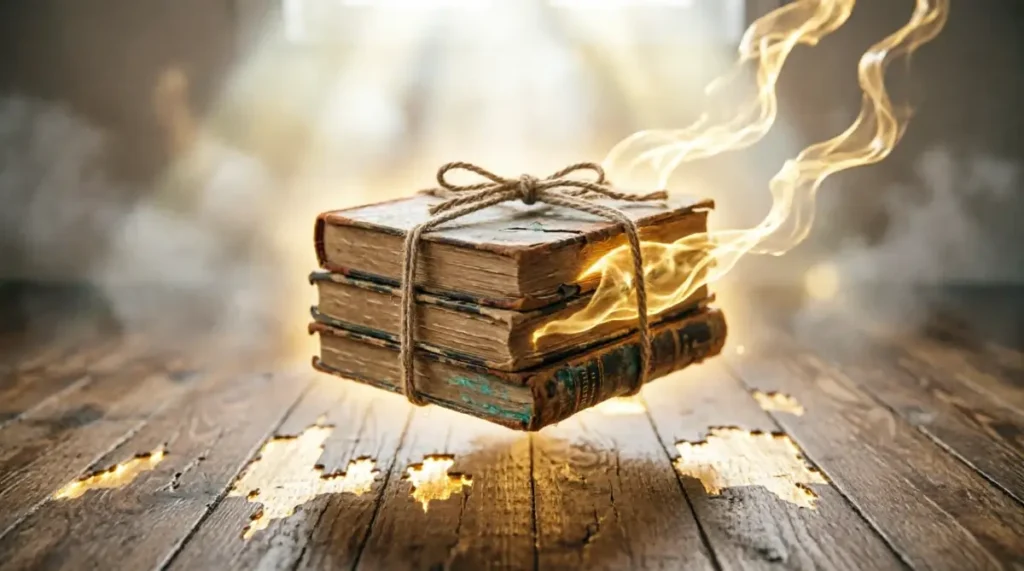 Floating books with eternal golden glow, abstract light flowing upward seamlessly, eternal golden floor radiance(AI-generated illustration)