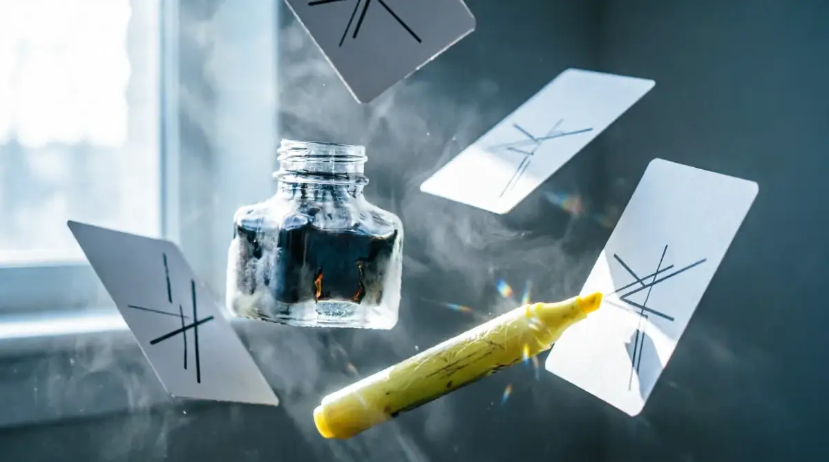 Blank structural cards floating at impossible angles with abstract lines, vintage inkwell and yellow highlighter showing clarity over cleverness paradox (AI-generated illustration)