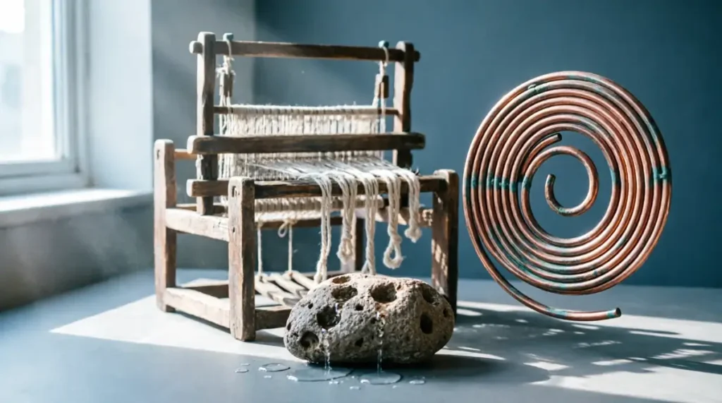 Floating copper spiral coil, wooden loom loose threads, porous stone water slipping through(AI-generated illustration)