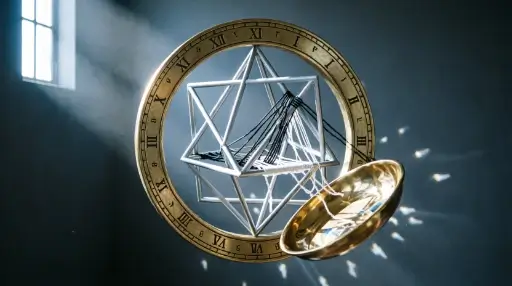 Floating geometric patterns, brass dial ring, golden bowl dashboard hides details (AI-generated illustration)