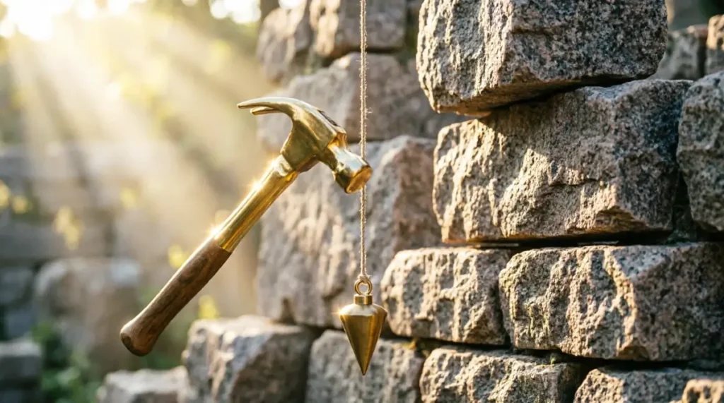 Golden mason hammer floating mid-air against stacked stone wall brass plumb bob outdoor sunlight - work needs no applause (AI-generated illustration)