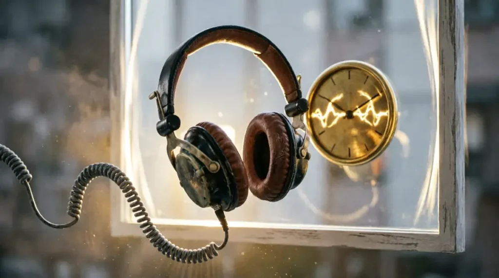 Floating headphones unwound cable defying gravity, clear window with bending light, brass clock(AI-generated illustration)