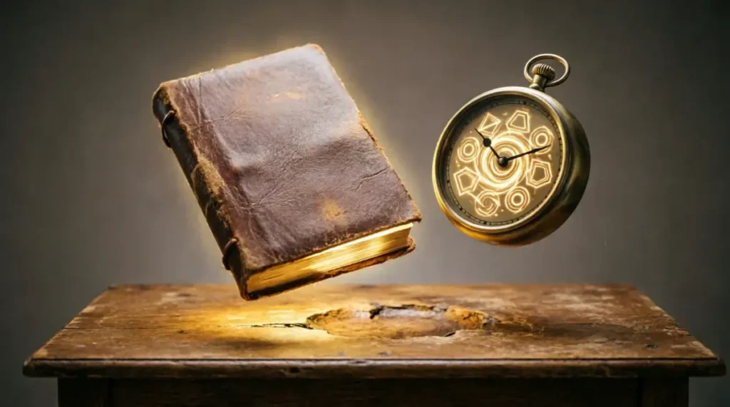 Floating notebook,internal golden glow, clock,floating independently, abstract glowing geometric patterns(AI-generated illustration)