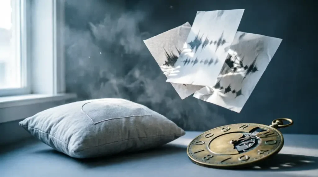 Floating dream journal pages with sound wave patterns, flat pillow, fragmented moon dial showing noise is not memory(AI-generated illustration)