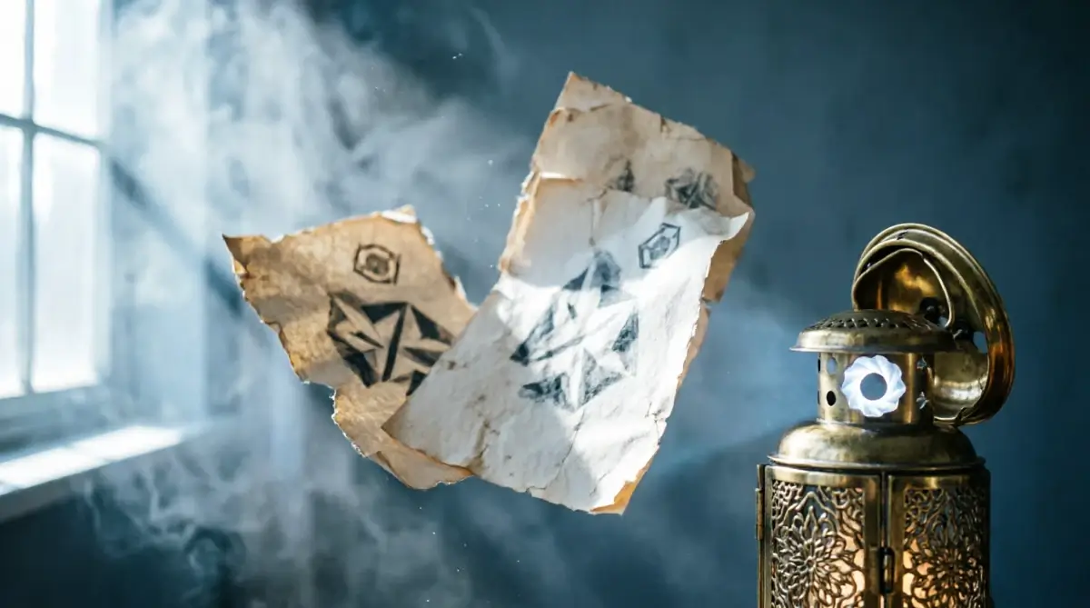 Evidence ledger pages with abstract patterns floating at impossible angles, brass pattern lantern, focus aperture partially open showing scattered light (AI-generated illustration)