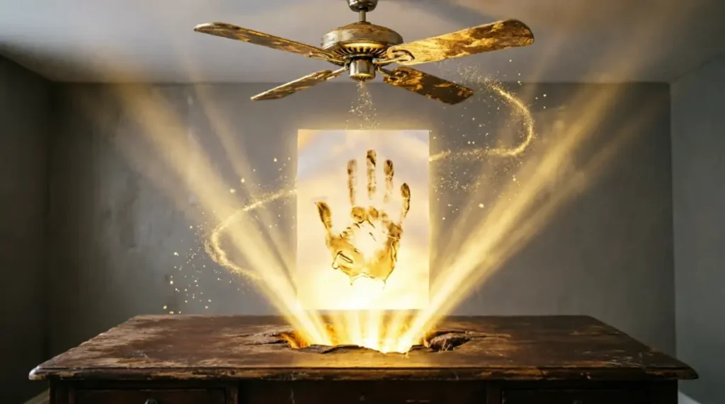 Floating blank paper,self-illuminating golden thumbprint patterns rising upward, glowing worn desk,frozen fan blades(AI-generated illustration)