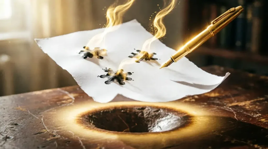 Floating paper with three abstract ink marks lifting as golden particles, glowing floating pen, expanding golden desk(AI-generated illustration)