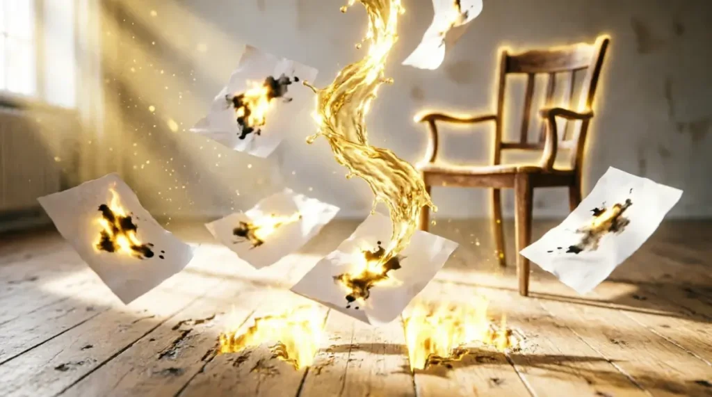 Floating papers with abstract marks forming upward golden waves, self-illuminating chair, concentrated golden floor glow(AI-generated illustration)