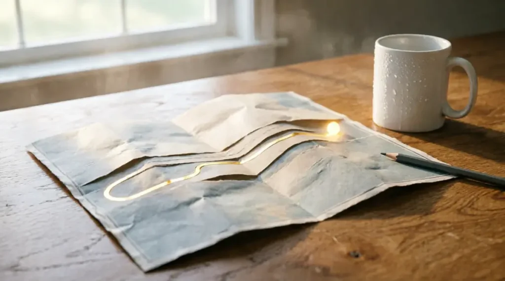 Folded roadmap creating 3D rise, golden route visible through layers, destination illuminated by soft morning glow(AI-generated illustration)