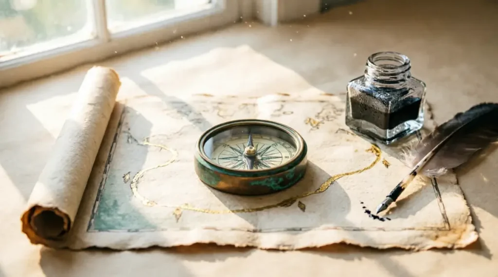 Folded map with subtle golden route, compass resting peacefully, morning diffusion, quiet accomplishment (AI-generated illustration)