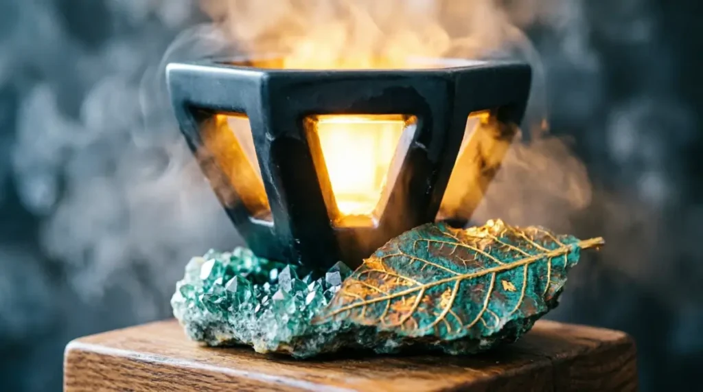 Obsidian vessel framework, quartz geode foundation, copper leaf with automatic golden vein flow(AI-generated illustration)
