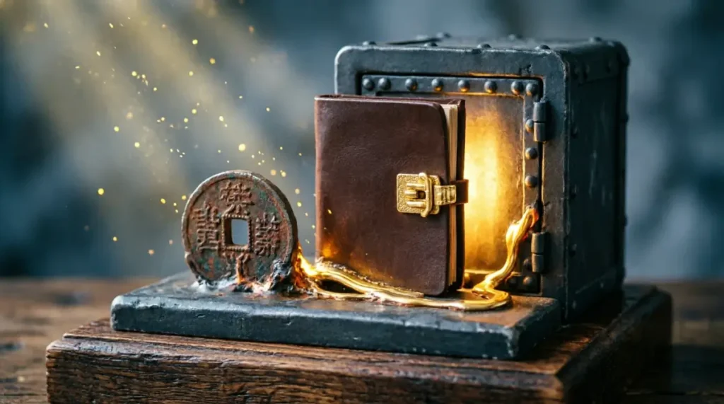 Fused iron coins, sealed ledger, shining vault with golden light (AI-generated illustration)