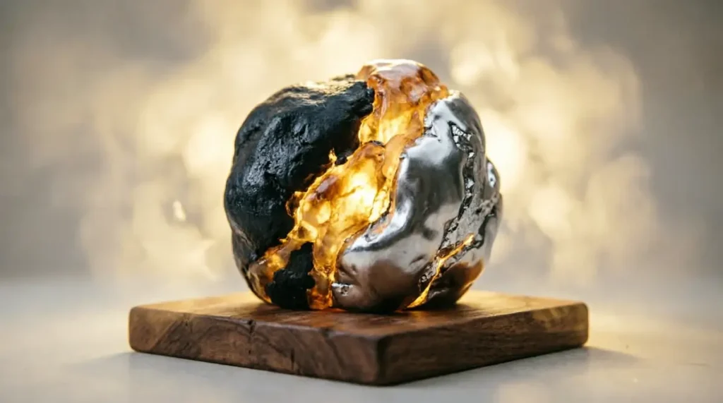 Fused basalt-amber-titanium resilient core with eternal golden glow (AI-generated illustration)