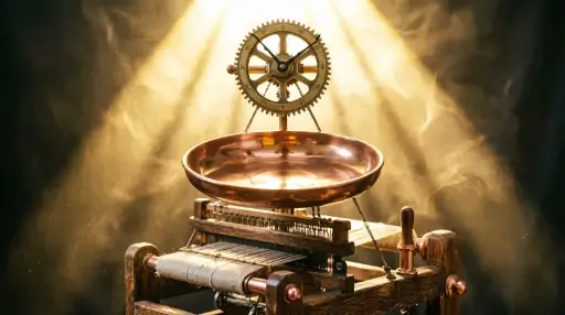 Brass gear dial, copper pan, wooden loom base messy sheets still sharpen eye (AI-generated illustration)